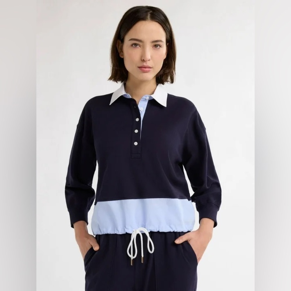 Blue Boxy 3/4 Sleeve Polo Button Down Shirt large 12-14